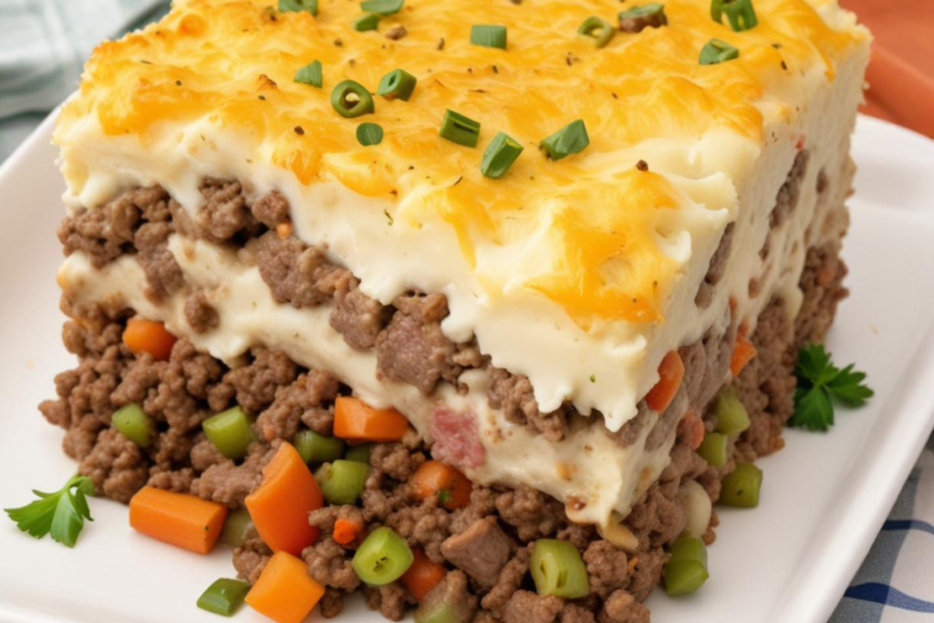 Close-up of a traditional Shepherd's Pie with layers of ground meat, vegetables, and mashed potatoes topped with melted cheese.