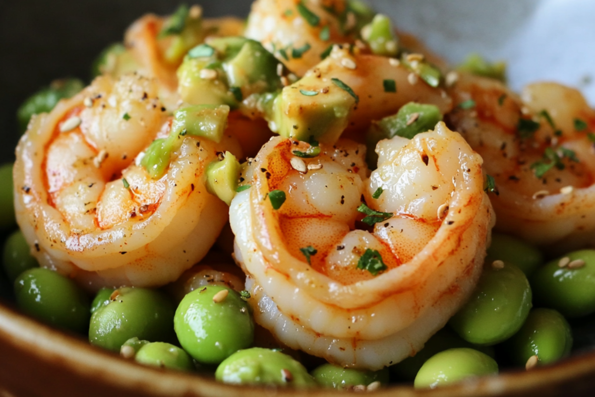 Grilled shrimp with diced avocado on a bed of edamame, garnished with herbs and sesame seeds.