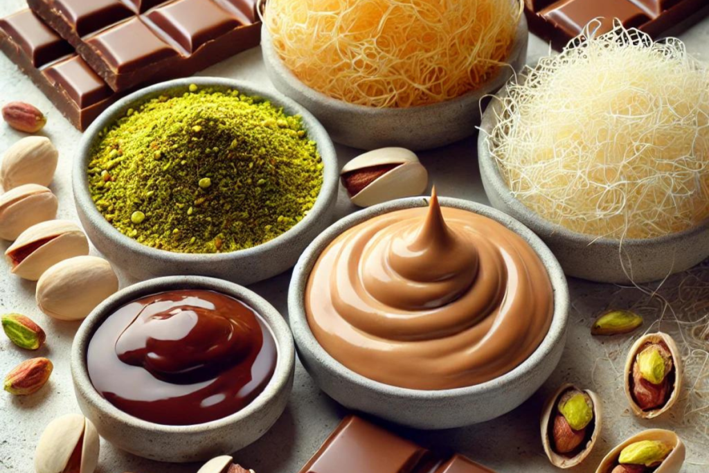 Key ingredients for making a Knafeh chocolate bar, including kataifi pastry, pistachios, melted chocolate, and pistachio cream.