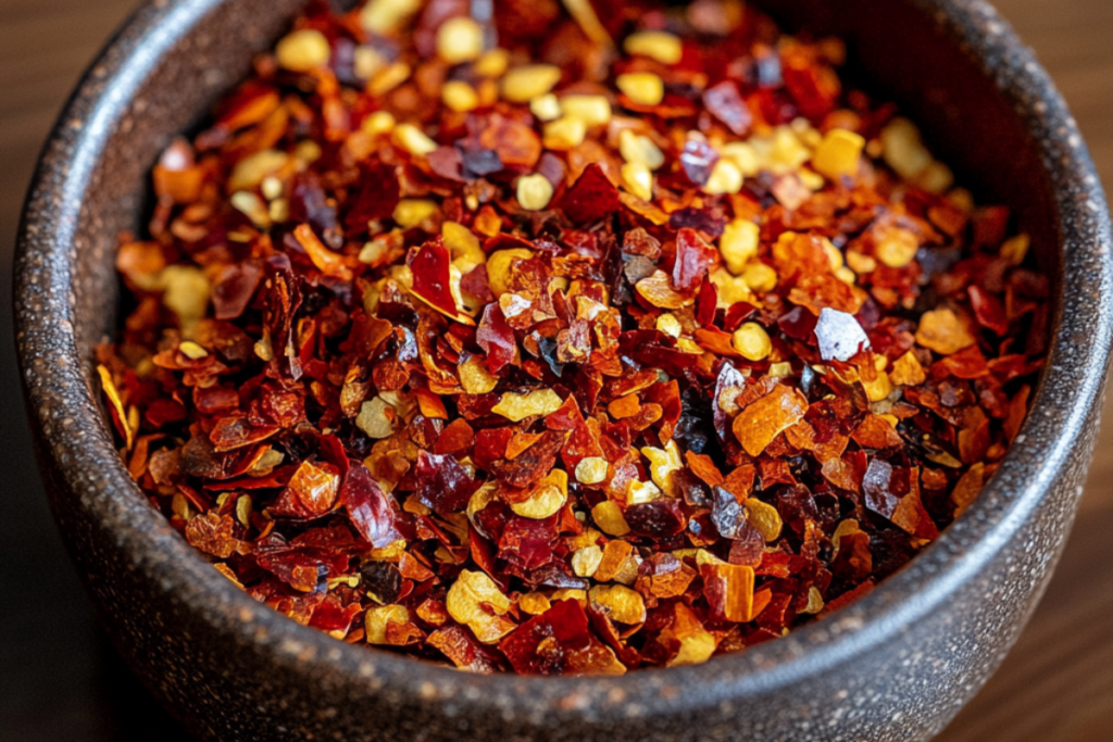 Close-up of a bowl filled with red chili flakes.