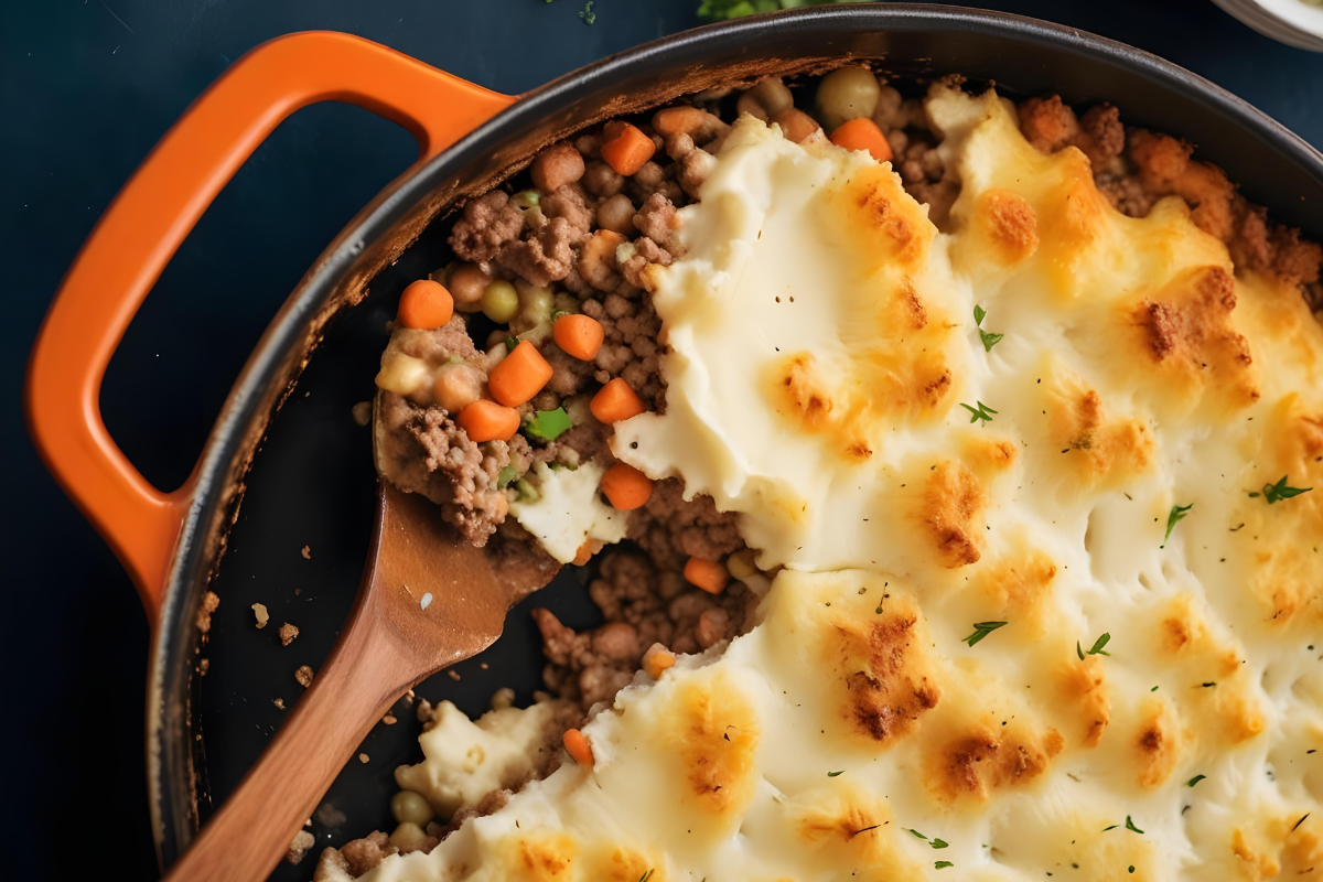 Shepherd's Pie with a golden mashed potato topping, featuring ground meat, peas, and carrots in a rustic orange baking dish.