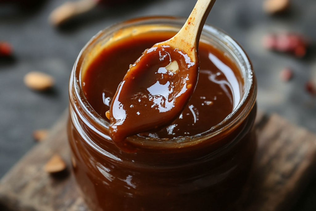 Rich red chili caramel sauce in a jar with a wooden spoon.