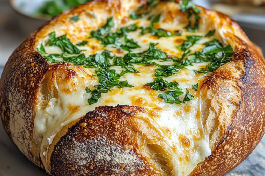 Sourdough bread bowl filled with melted cheese and garnished with fresh parsley.