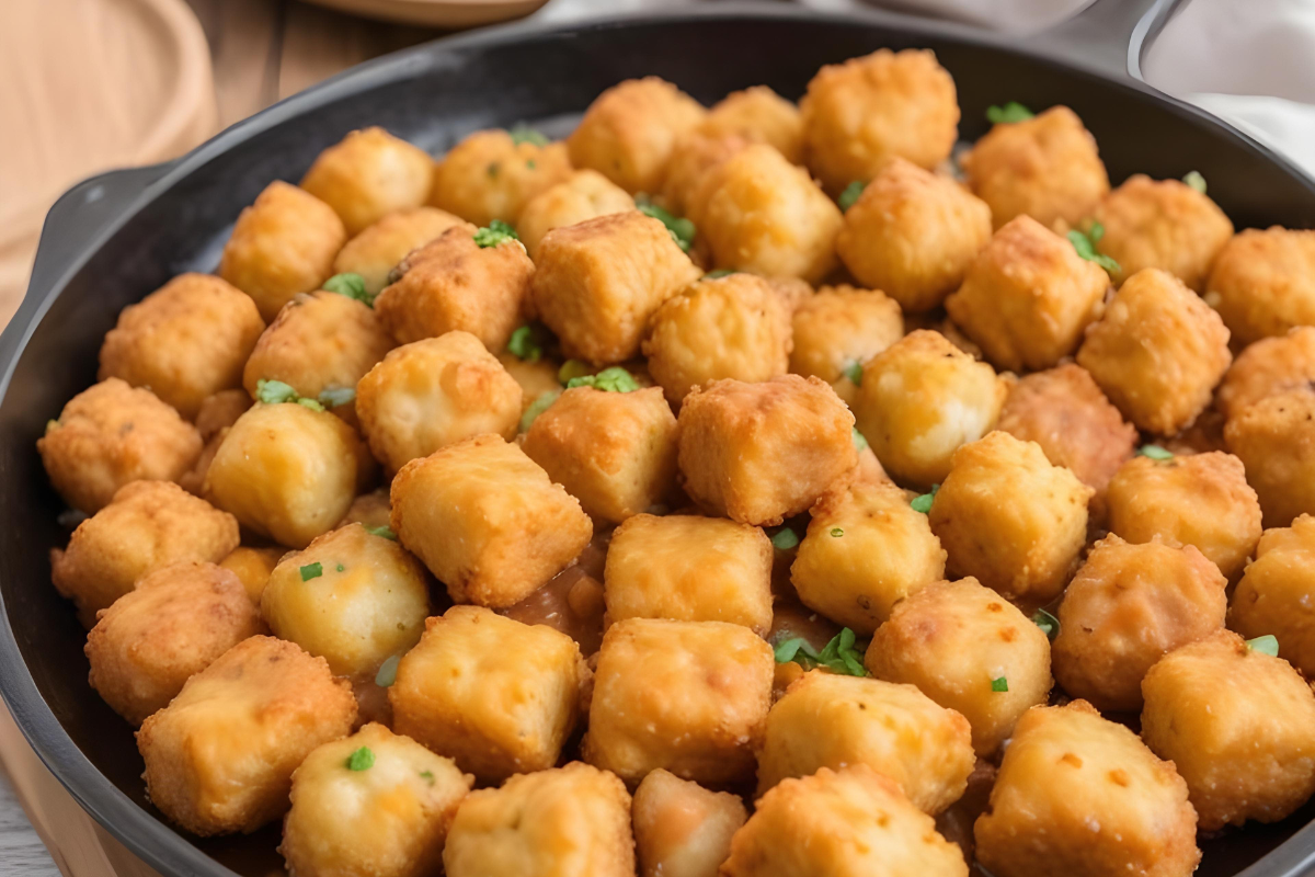 Golden brown tater tots baked in a casserole dish with garnished herbs.