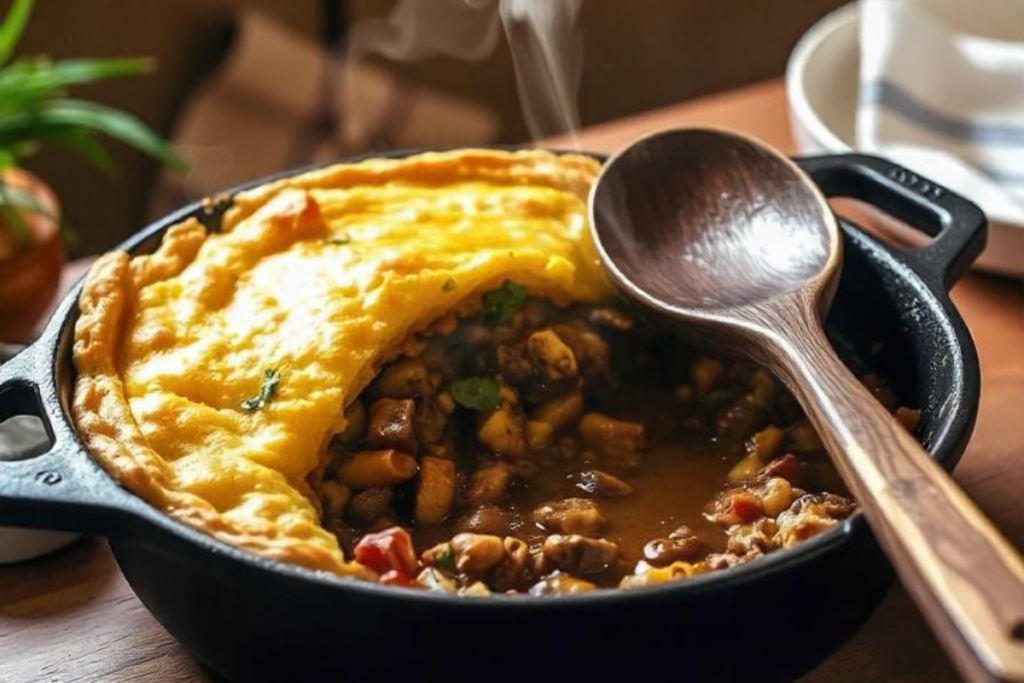 Shepherd's Pie original recipe in cast iron skillet with golden mashed potato topping, steaming hot with a wooden spoon.