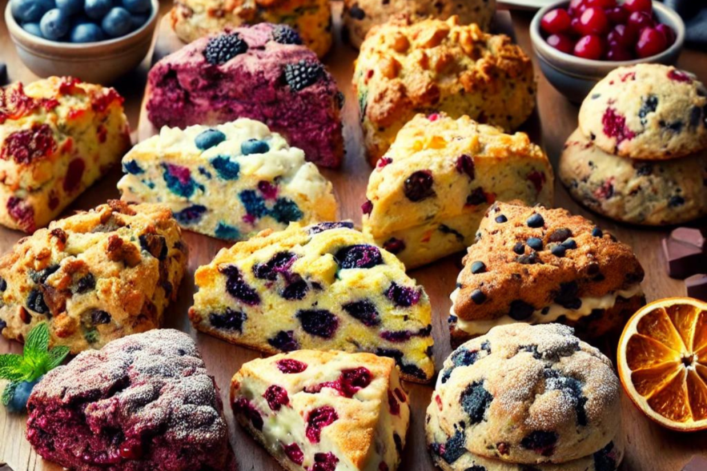 A variety of sourdough scones with different flavors like blueberry lemon, chocolate chip, and cranberry orange, displayed on a wooden board.