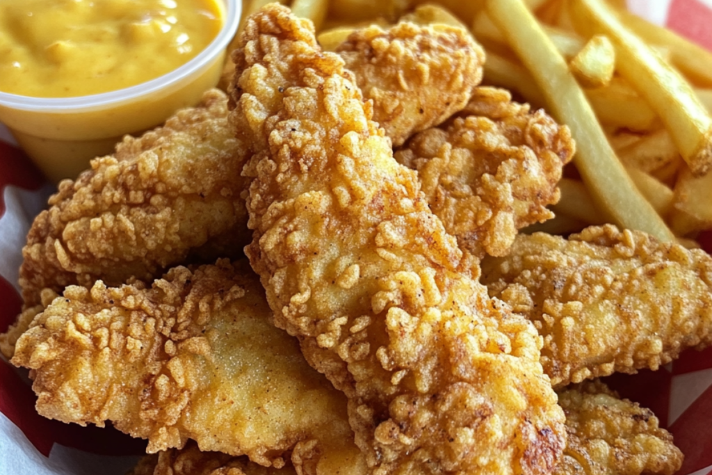 "Plate of crispy chicken tenders and fries with honey mustard dipping sauce"