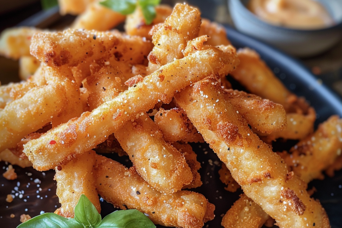 Crispy Tyson Chicken Fries served on a black plate with basil garnish and dipping sauce in the background