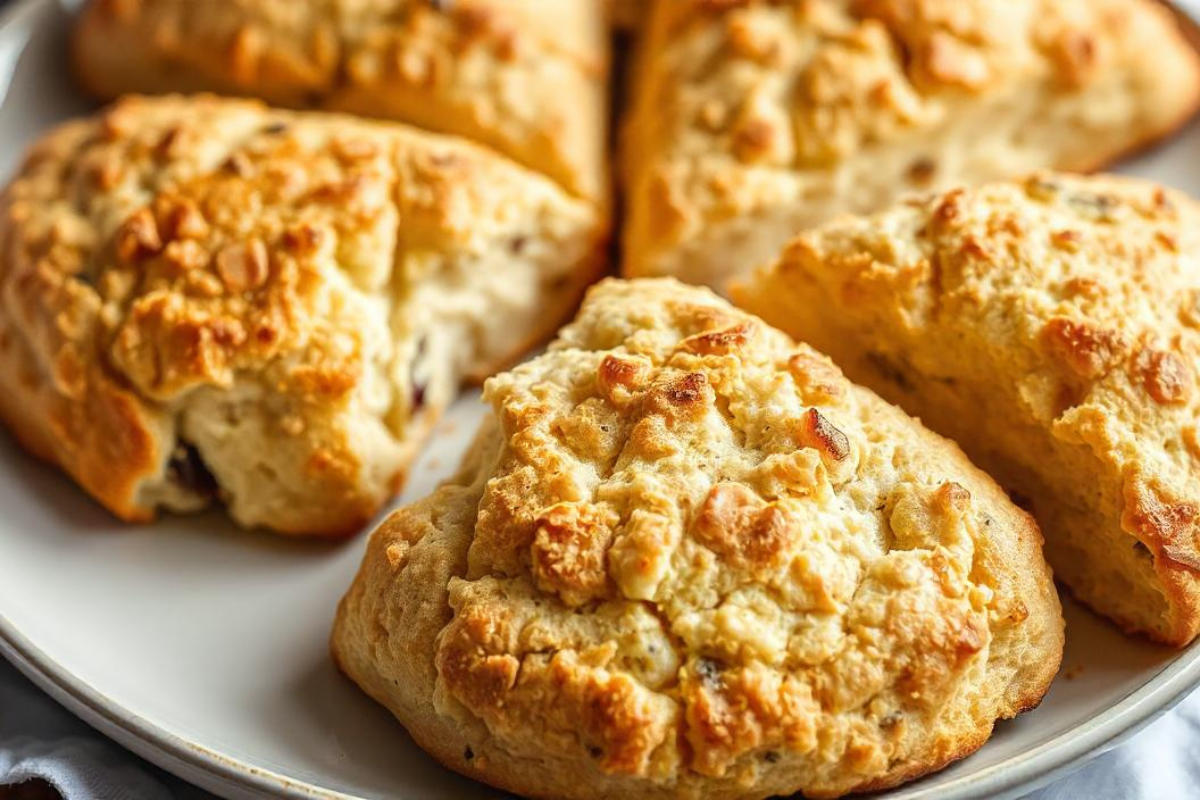 Freshly baked golden-brown scones on a plate with a crispy, flaky texture.