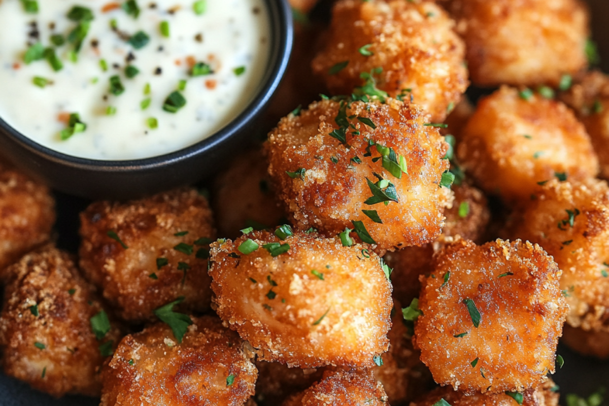 Golden and crispy fried salmon bites served with a creamy dipping sauce, garnished with fresh herbs.