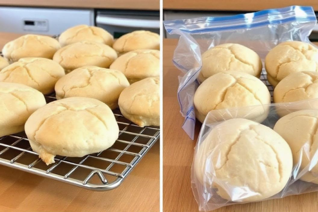 Freshly baked sourdough scones cooling on a wire rack, some wrapped for freezing, in a cozy kitchen setting.