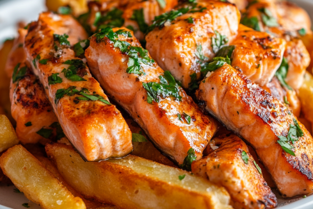 Grilled salmon fries garnished with herbs served with crispy potato wedges