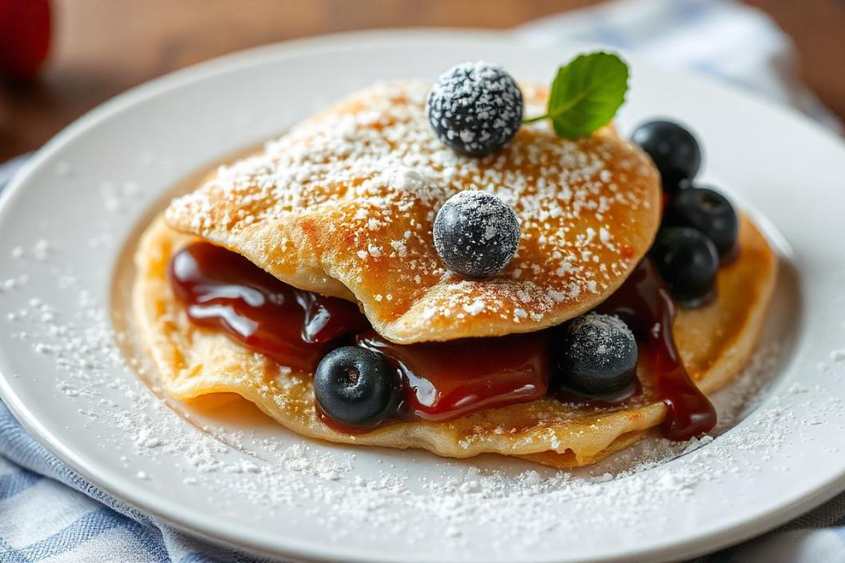 Delicious crepe folded with caramel sauce, fresh blueberries, and dusted with powdered sugar on a white plate.