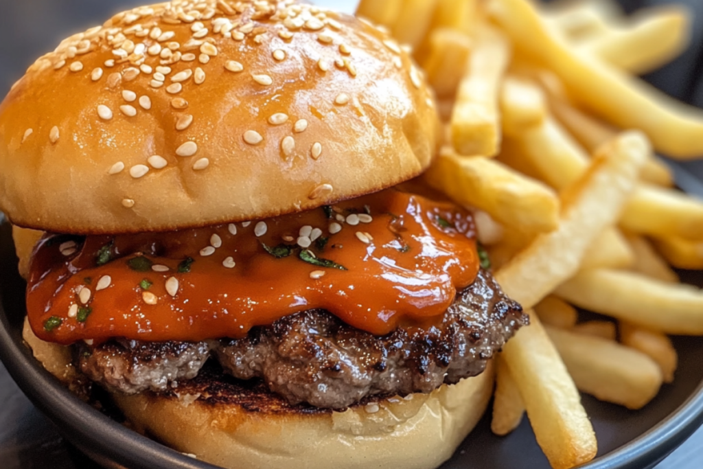 Delicious sesame seed bun burger with a spicy sauce and a side of crispy French fries.