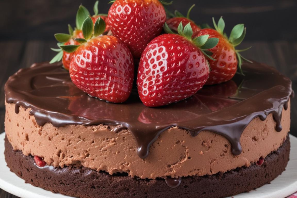 Triple Chocolate Mousse Cake with a chocolate ganache topping and fresh strawberries.