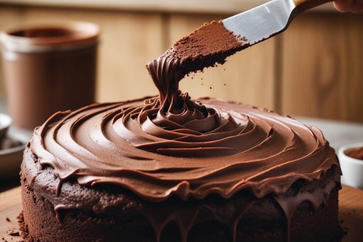 Nutella frosting spread over a chocolate cake.