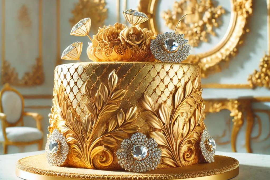 A luxurious cake covered in edible gold leaf and diamonds, representing the rarest and most expensive cakes in the world.