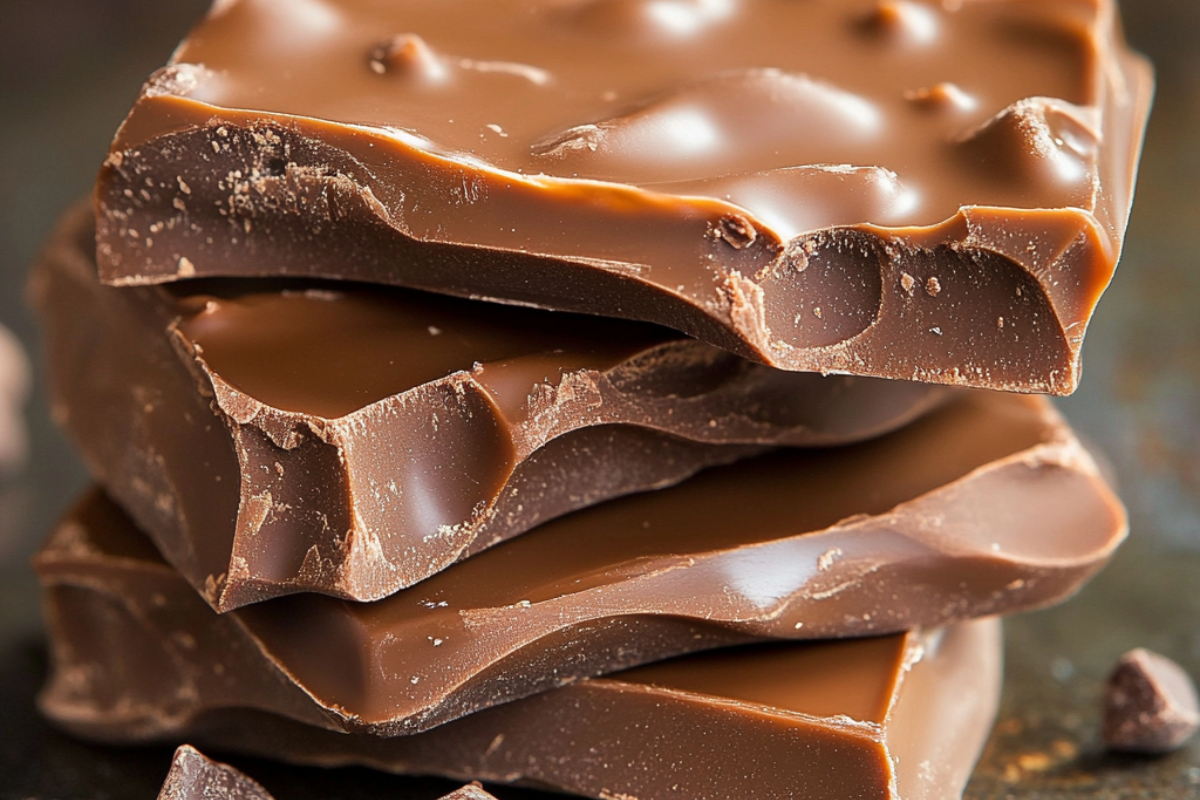 Close-up of stacked caramel-filled milk chocolate bars with small chocolate chips scattered around.