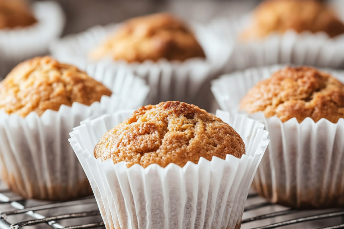 Close-up of freshly baked golden brown muffins in white paper liners cooling on a wire rack.