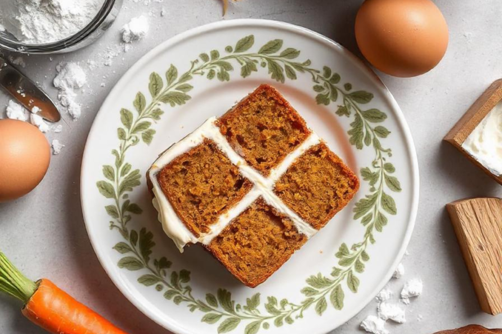 Overhead view of a square carrot cake slice with cream cheese frosting served on a decorative plate, surrounded by baking ingredients.