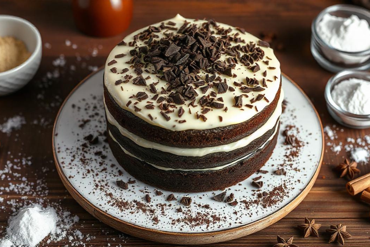 Chocolate cake with vanilla buttercream frosting, topped with chocolate shavings, on a rustic wooden table.