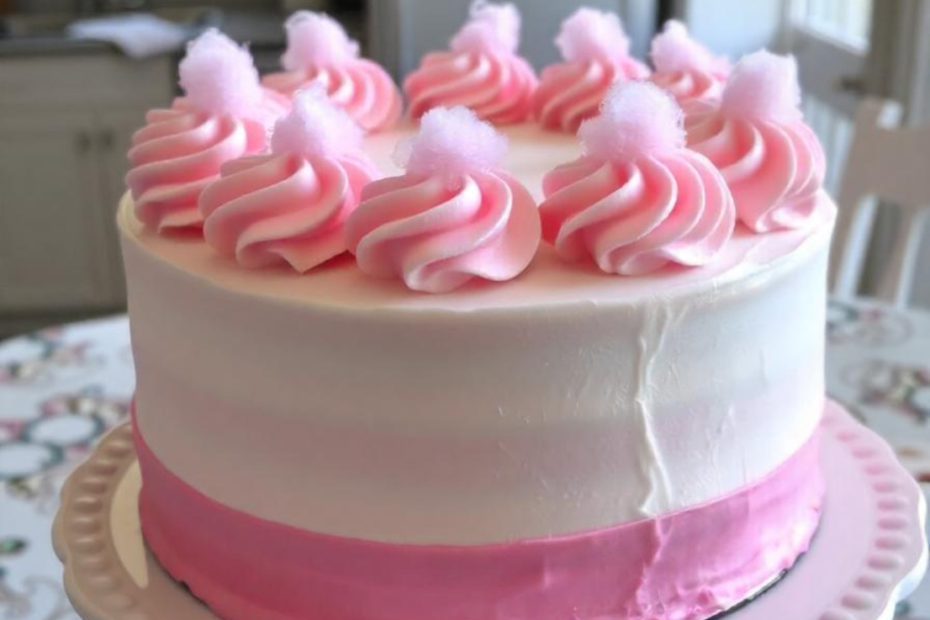 A pink and white buttercream cake topped with small cotton candy swirls on a cake stand.