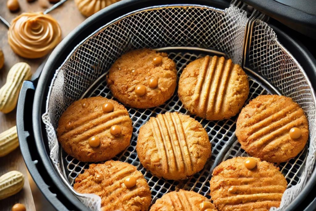 Air fryer baking peanut butter cookies with golden crispy edges.