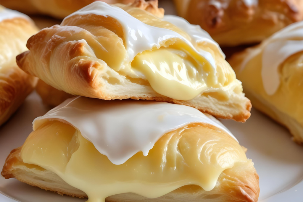 Freshly baked lemon cheesecake crescent rolls with a creamy filling and glossy glaze.