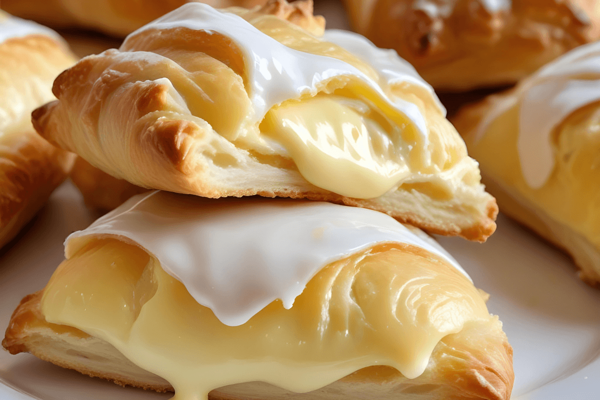 Freshly baked lemon cheesecake crescent rolls with a creamy filling and glossy glaze.