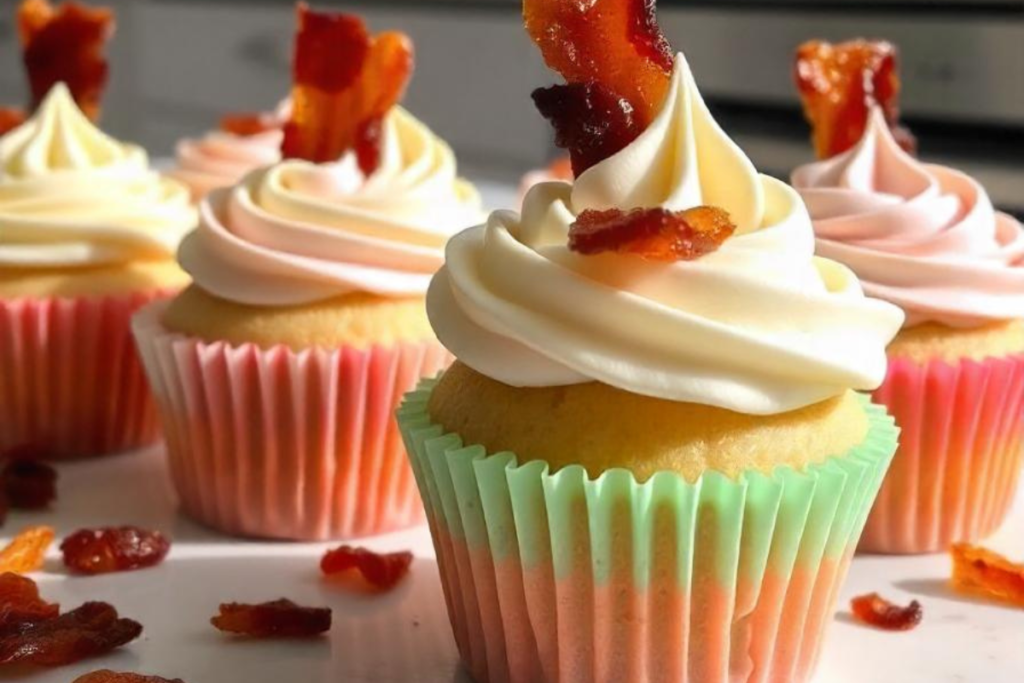 Vanilla cupcakes topped with buttercream frosting and crispy bacon pieces in colorful liners.