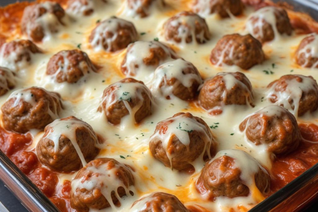 Cheesy dump and bake meatball casserole with melted mozzarella and marinara sauce in a glass baking dish