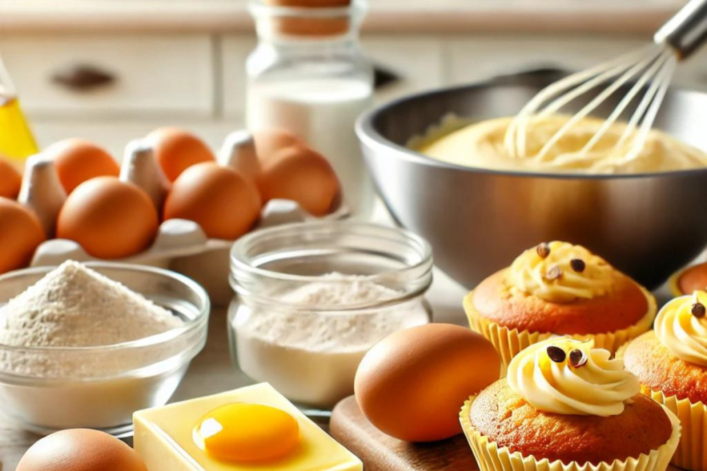 Fresh ingredients like eggs, butter, flour, and baking powder for cupcakes.