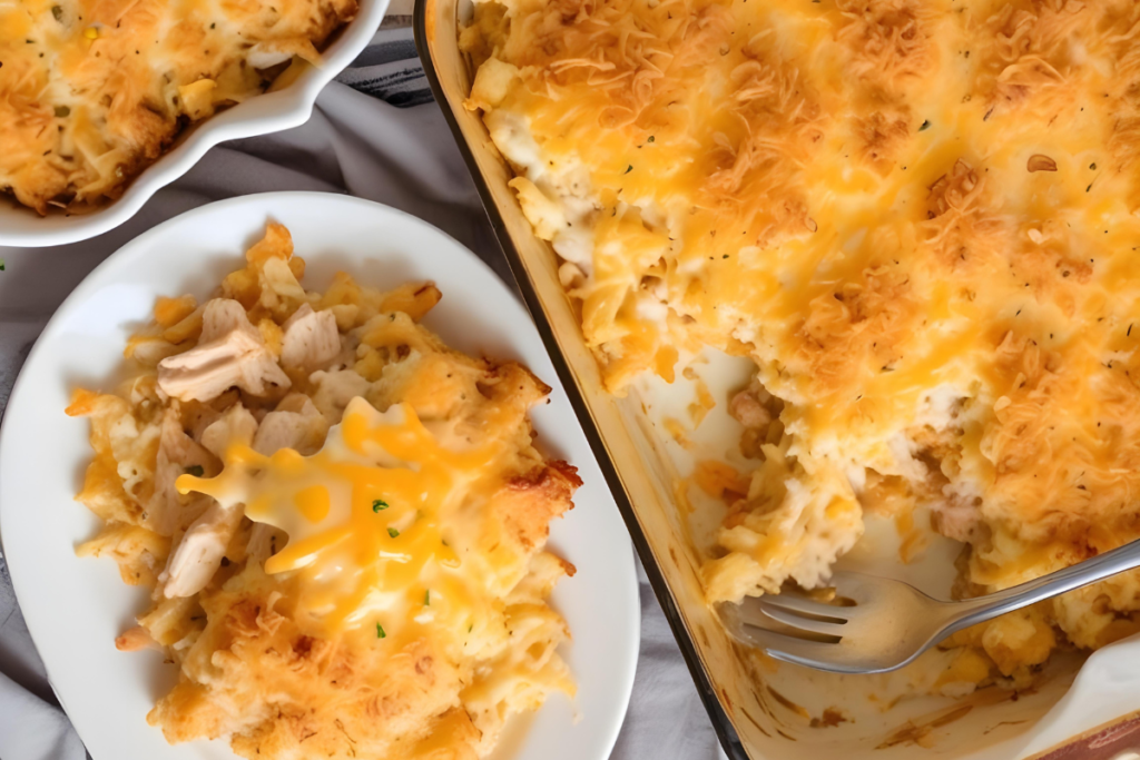 A freshly baked hashbrown chicken casserole with a crispy golden cornflake topping and melted cheese, served in a large dish.