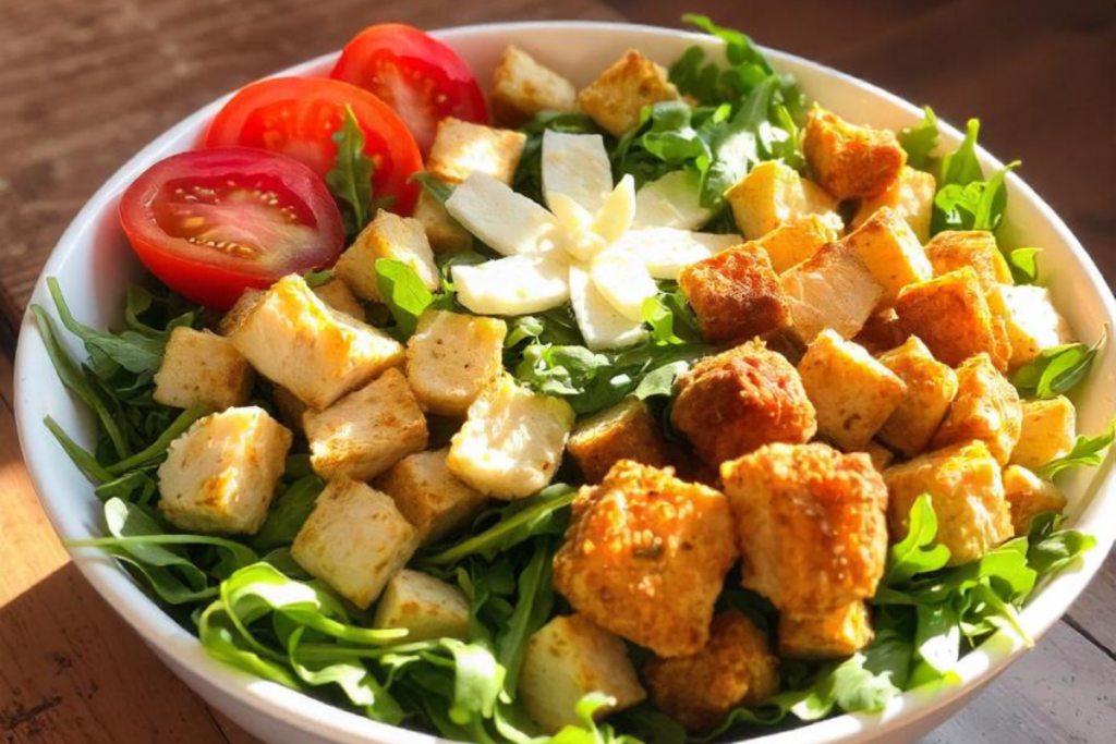 Fresh Burger King salad with arugula, croutons, sliced tomatoes, and cheese, representing a healthy Burger King meal option.