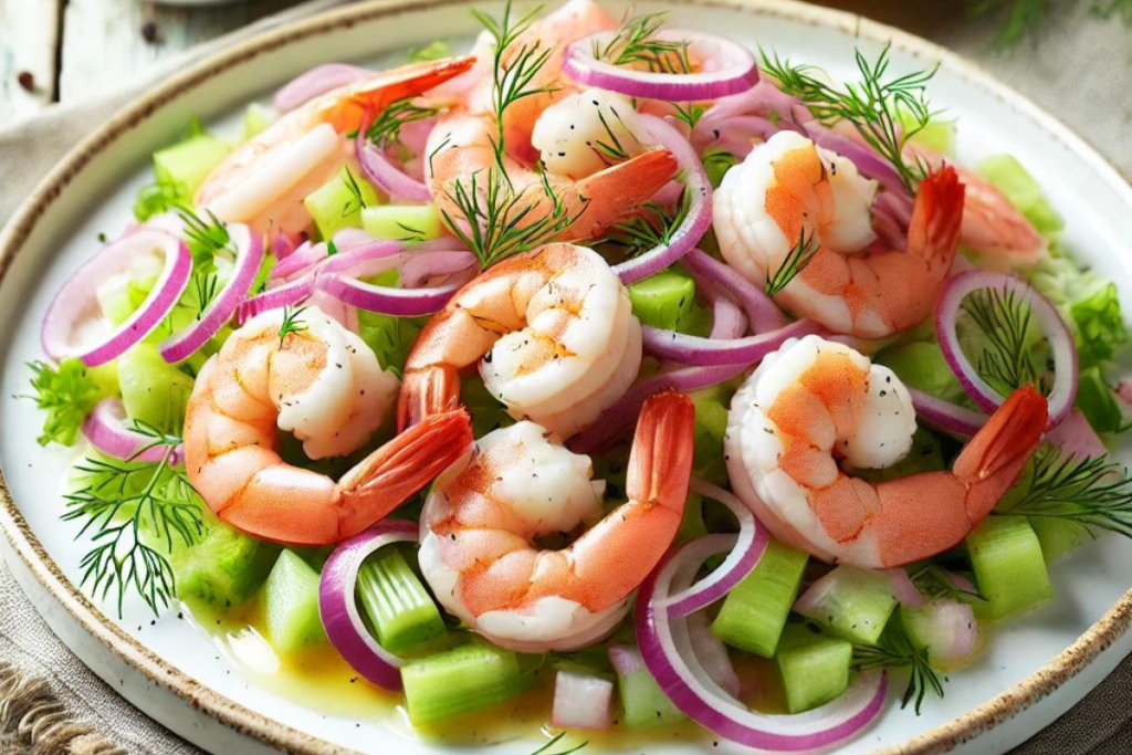 A vibrant shrimp salad on a white plate with pink shrimp, celery, red onion, dill, and a creamy dressing, garnished with lemon wedges.