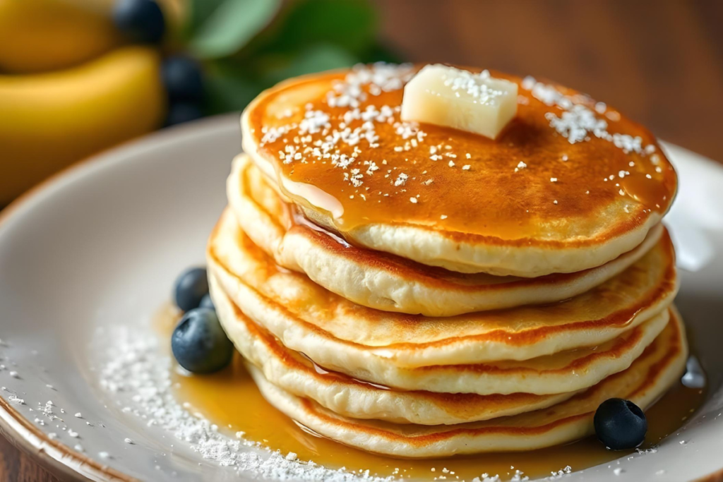 A stack of golden-brown pancakes without milk, topped with a pat of butter, drizzled with syrup, and garnished with blueberries and powdered sugar on a white plate.