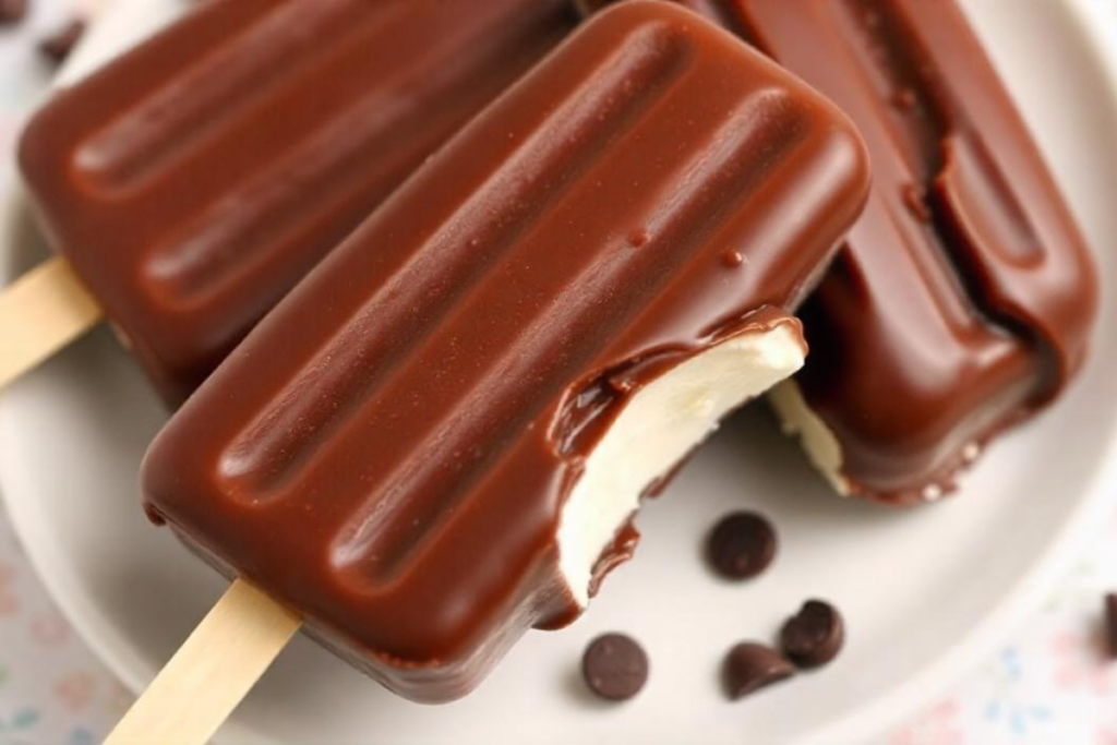 Homemade Eskimo Pie popsicles with a bite taken, revealing creamy vanilla ice cream inside, on a white plate with chocolate chips scattered.