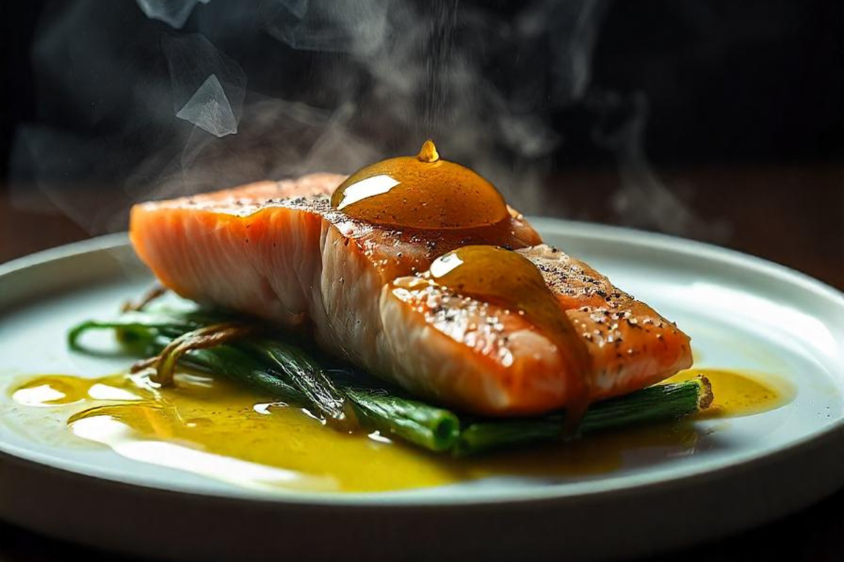 Close-up of a perfectly cooked salmon fillet drizzled with honey glaze on a bed of sautéed vegetables.