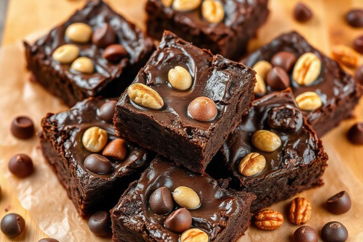 Close-up of rich chocolate fudge squares topped with mixed nuts and chocolate chips, arranged on parchment paper.