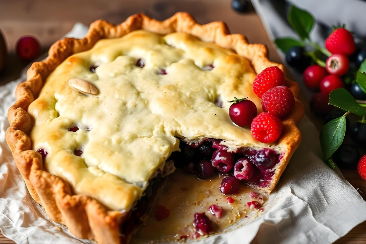 A whole goumi pie with a golden almond flour crust, topped with fresh goumi berries and almond slivers on a rustic wooden table.