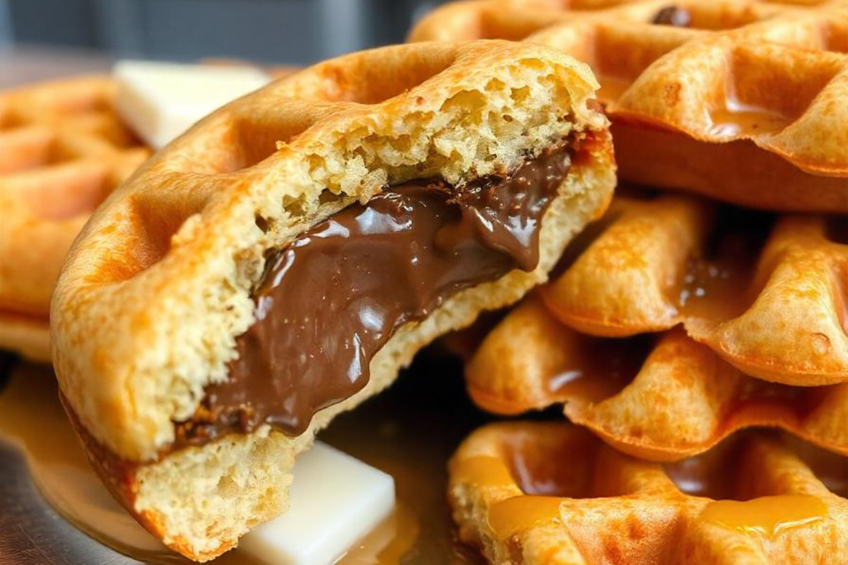 Golden-brown waffle with a crispy exterior and filled with melted chocolate, served alongside other waffles and a piece of butter.