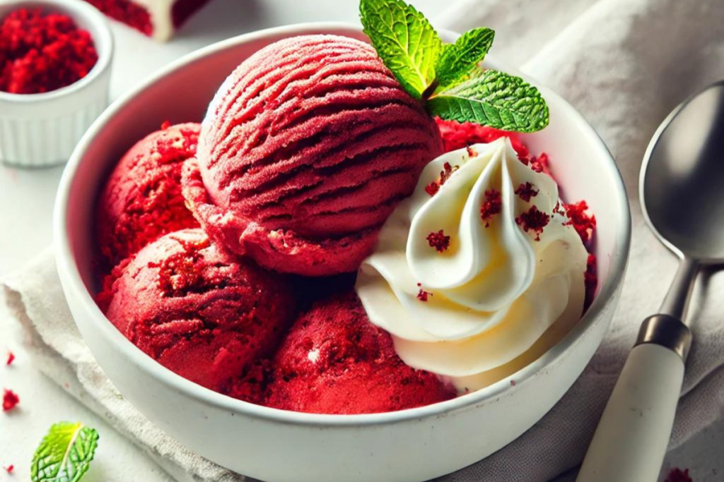 A scoop of red velvet ice cream with visible cake crumbs and a cream cheese swirl in a white bowl, garnished with a mint leaf and extra cake crumbs.