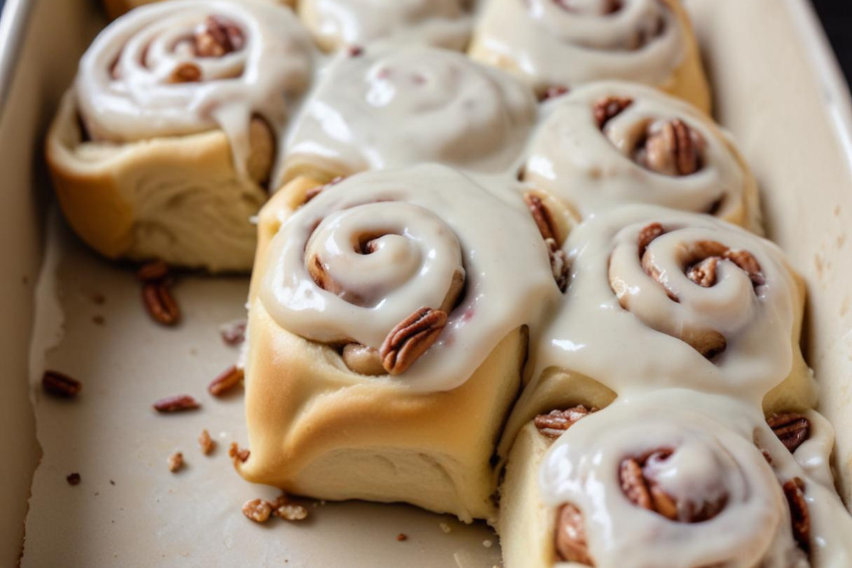 Freshly baked cinnamon rolls topped with creamy frosting and pecans in a baking dish.