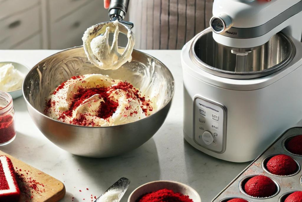 Mixing cream cheese and sugar in a bowl while preparing red velvet ice cream, with red velvet cake crumbs and an ice cream maker nearby.