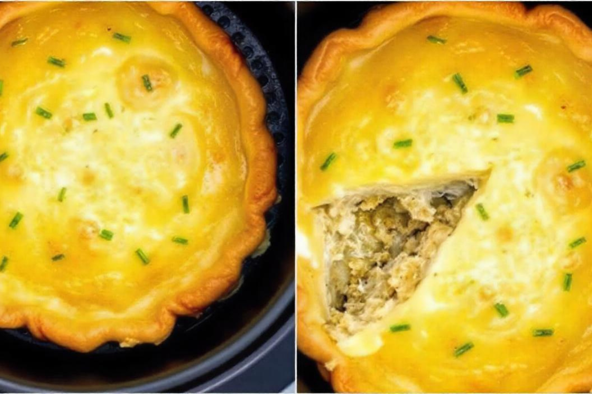 Freshly cooked Banquet pot pie in an air fryer with a golden crust and savory filling.