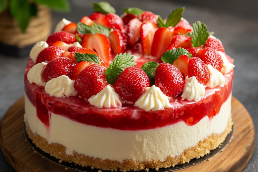 A delicious strawberry cheesecake with fresh strawberries and whipped cream on a graham cracker crust, garnished with mint leaves.