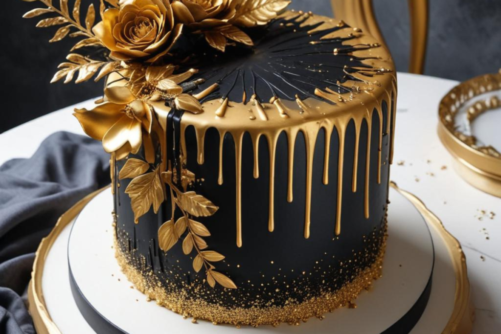 A luxurious black gold cake with black buttercream frosting and golden drips on an elegant table setting.