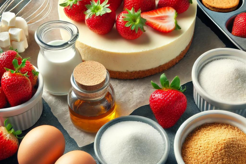 Main ingredients of strawberry cheesecake including cream cheese, graham crackers, sugar, eggs, vanilla extract, and fresh strawberries.