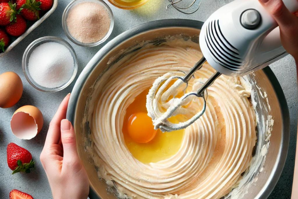 A baker's hands mixing cream cheese, sugar, eggs, and vanilla extract in a large bowl to make strawberry cheesecake filling.