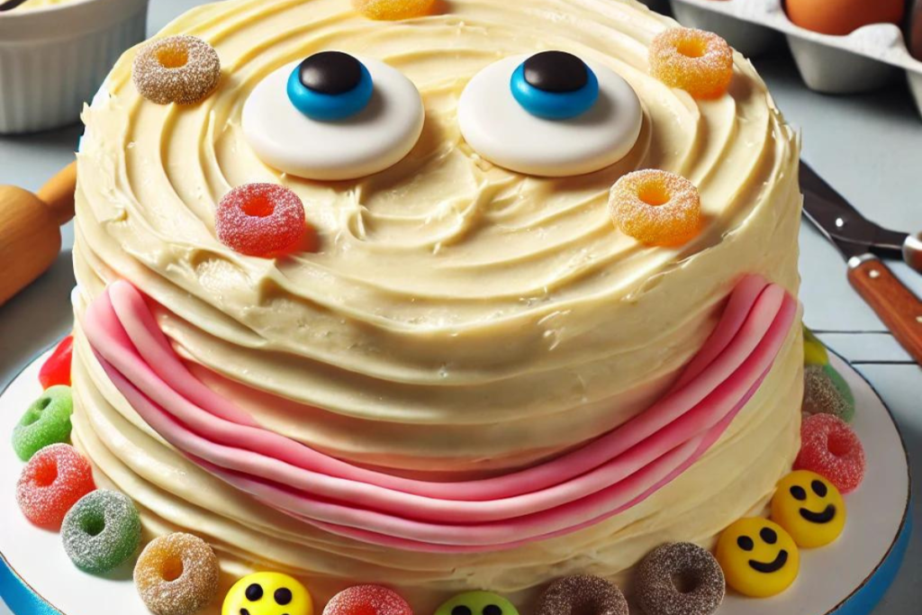 A smiley face cake with uneven frosting and off-center decorations, showing common mistakes in cake decorating.